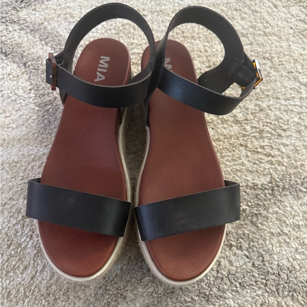 MIA Black Leather Ankle-Strap Sandals with Brown Footbed